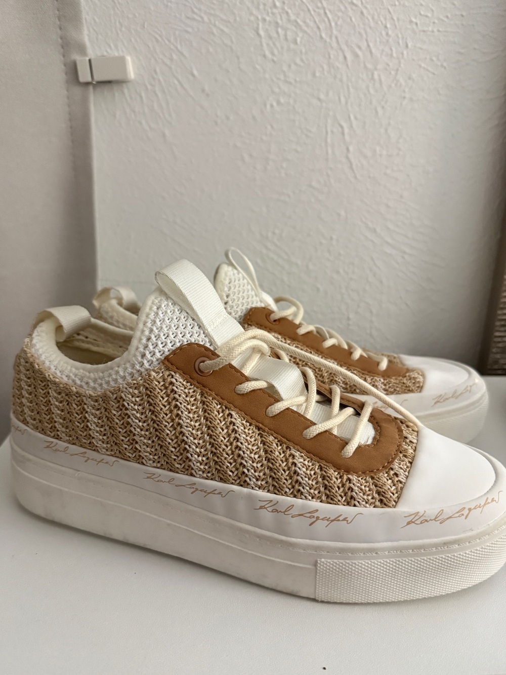 Karl Lagerfeld Cream & Tan Knit Platform Sneakers